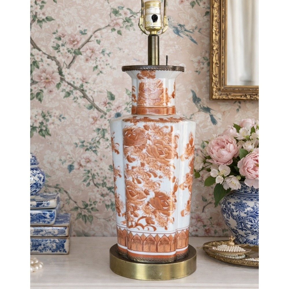 Vintage Kutani Style Porcelain Table Lamp Red Floral Chinoiserie Asian Decor